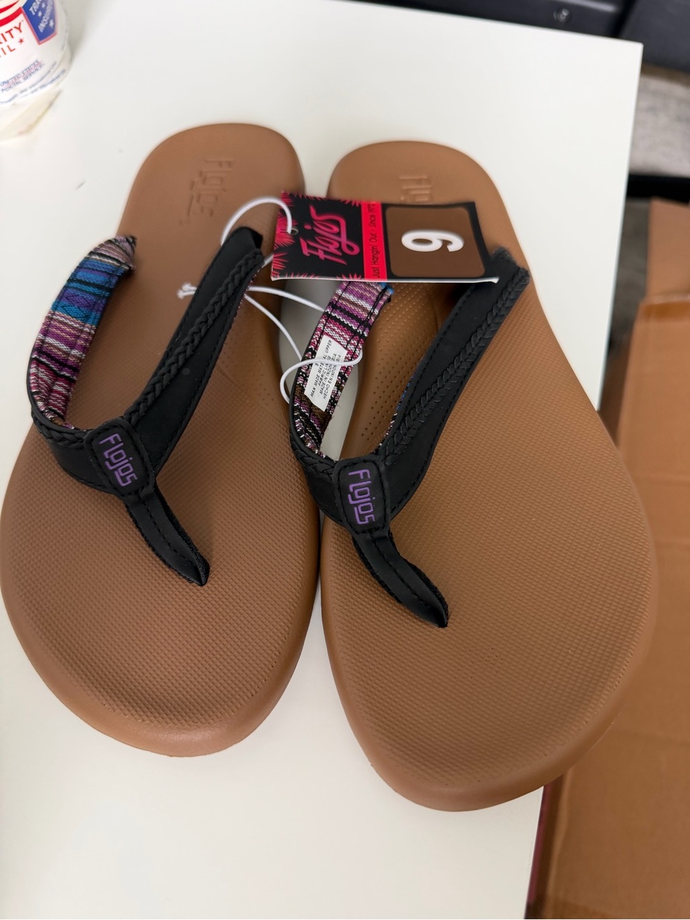 FitFlop Women’s Tan Footbed Sandals with Black Straps and Multicolor Accent